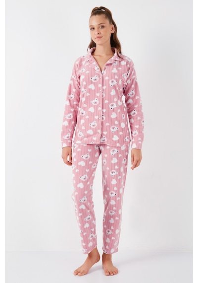 Lela Standart Fit Düğmeli Polarlı Bayan Pijama Takımı 6095617 Pudra
