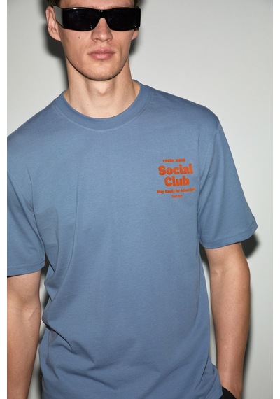 Grımelange Jumılla Erkek Pamuk Yumuşak Kumaşlı Baskılı Yuvarlak Yaka İndigo T-shirt