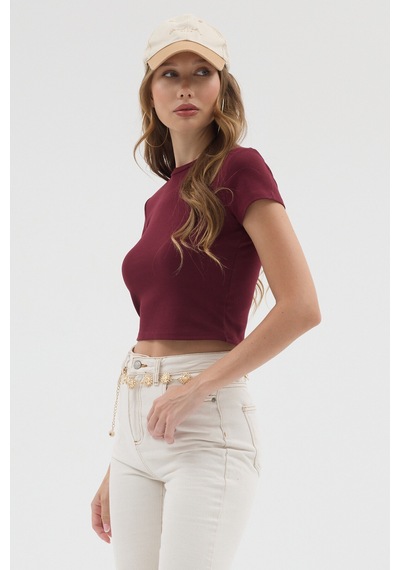 Urbantrendstore Kadın Bisiklet Yaka Likralı Kısa Kol Body Crop Bluz Günlük Şık Sade Yazlık Casual Crop Kadın Crop Bordo