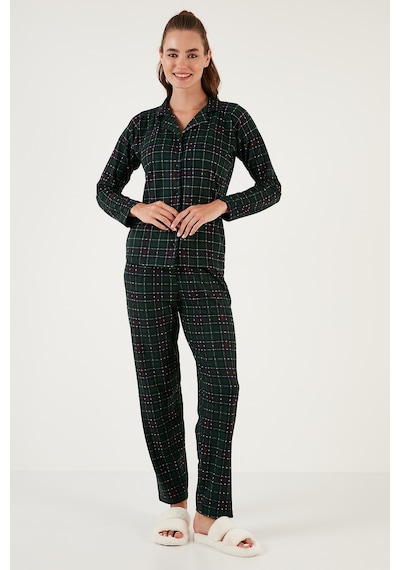 Lela Desenli Beli Lastikli Gömlek Yaka Dokuma Bayan Pijama Takımı 6095660W4 Yeşil