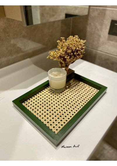 Rattan Hazeran Dikdörtgen Tepsi Yaprak Yeşili Renk %100 Doğal Hazeran M041