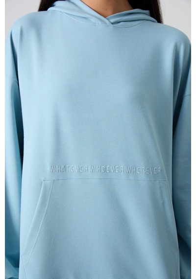 Tommy Life Açık Mavi Balon Kol Yazı Nakışlı Kadın Oversize Tunik Sweatshirt - 97163 Açık Mavi
