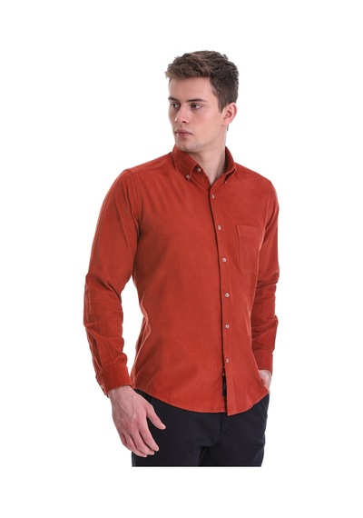 Hatemoğlu Kiremit Slim Fit Düz 100% Pamuklu Düğmeli Yaka Uzun Kollu Klasik Kiremit