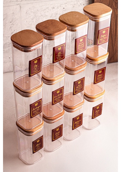 Snippy Boxy - 12'li Ahşap Vakumlu Kapaklı Etiketli Baharatlık Takımı 350 Ml - Erzak Saklama Kabı Seti Ahşap