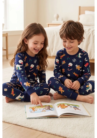 Zuzunga Unisex Çocuk Christmas Cookie Desenli Lacivert Pijama Takımı