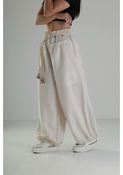 Cocopelli Tasarım Keten Bej Baggy Pantolon Coc1291 Bej