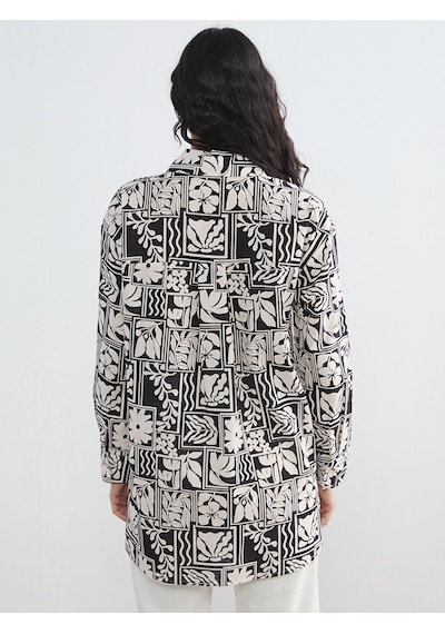Lcw Modest Siyah Desenli Oversize Kadın Gömlek Tunik