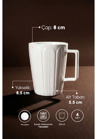 Pure Daisy 4'lü Saf Beyaz Porselen 230 Ml Kupa Seti Beyaz Beyaz