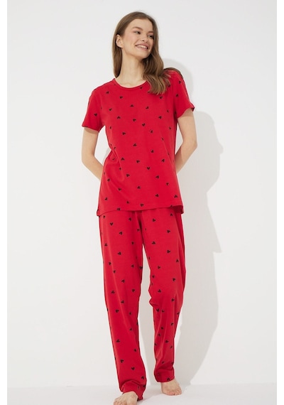 Siyah İnci Kırmızı Kısa Kollu Pamuklu Pijama Takımı