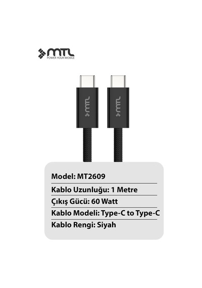 40w Pd Type-c To Type-c Silikon Hızlı Şarj Ve Data Kablosu 1 Metre Siyah Mt2609