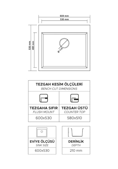 Real Stone K002 Didym 60 Antrasit Granit Tezgah Üstü Eviye 60 x 53 CM
