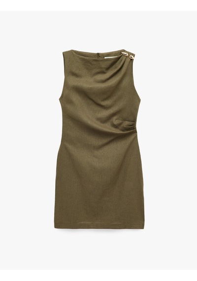 Koton Keten Karışımlı Slim Fit Drapeli Yuvarlak Yaka Metal Aksesuarlı Kolsuz Mini Elbise Haki 6sak80191pw