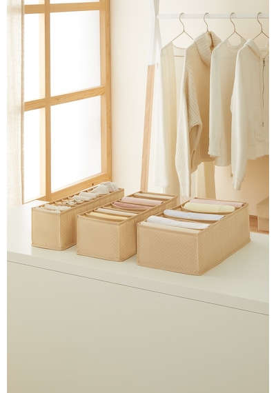 Ocean Home Textile 3'lü Bölmeli Bej Balıksırtı Çekmece Düzenleyici Set