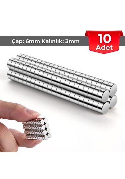 10 Adet Neodyum Mıknatıs Çap: 6mm Kalınlık: 3mm D6x3 Ndfeb Güçlü Mıknatıs Yuvarlak N086