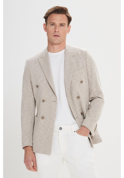 Ac&co Erkek Bej Slim Fit Dar Kesim Kırlangıç Yaka Pamuklu Desenli Blazer Ceket