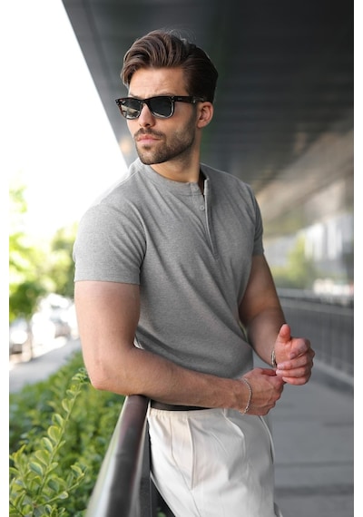 Madmext Grimelanj Slim Fit Hakim Yaka Triko Erkek Tişört E7189 Gri Melanj