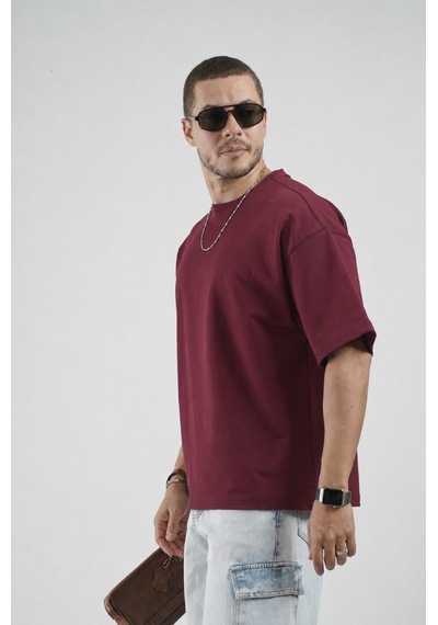 King Brich Oversize Kalıp Basic %100 Pamuklu Erkek Tişört Bordo