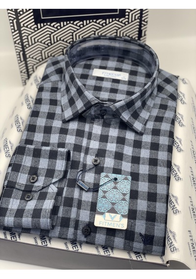 Klasik Uzun Kol Kışlık %100 Cotton Kareli Yaka Alttan Düğmeli Hediye Kutulu Erkek Gömlek Fs-001988 - Antrasit-1372