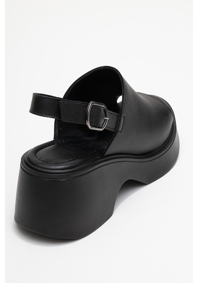 Luvishoes Power Siyah Cilt Hakiki Deri Kadın Dolgu Topuklu Sandalet Siyah Deri