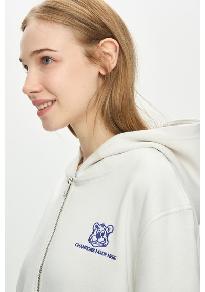Ucla Esther Kemik Rengi Fermuarlı Ve Cepli Nakışlı Loose Fit Kadın Sweatshirt Kemik Rengi