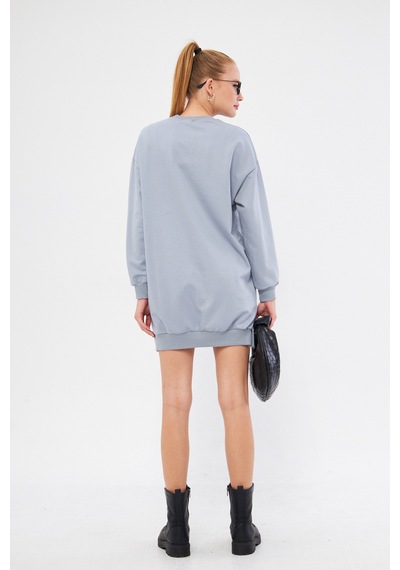 Armonika Kadın Gri Bisiklet Yaka Önü Yazılı Tunik Sweatshirt Arm-25k001029