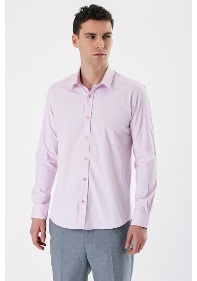 İmza Pembe Uzun Kollu Armürlü Cepsiz Pamuklu Likralı Slim Fit Dar Kesim Gömlek 1004240193-pembe Pembe