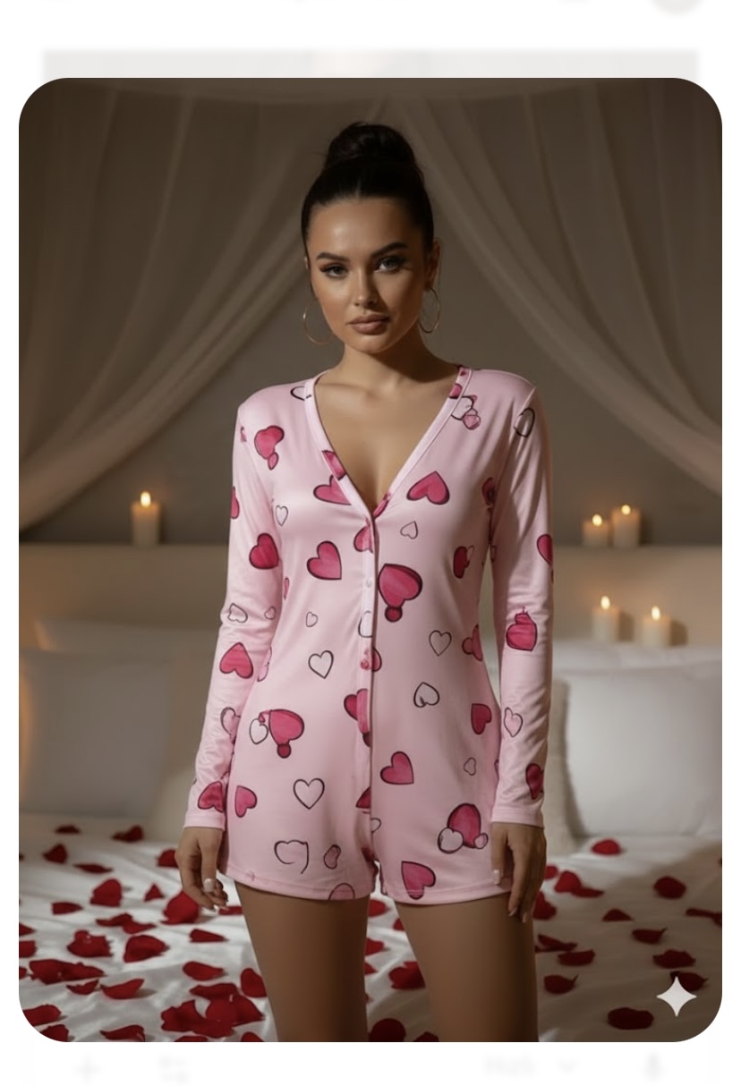 Trend Dokunuş Kadın Pamuklu Kalp Desenli Düğmeli Uzun Kollu Romantik Şortlu Gecelik Tulum Pembe Trend Dokunuş Kadın Pamuklu Kalp Desenli Düğmeli Uzun Kollu Romantik Şortlu Gecelik Tulum Pembe