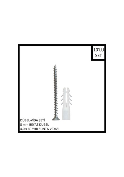 Dübel-vida Seti, Beyaz Dübel 8 Mm, 4,0x60 Yhb Sunta Vidası, 10 Adet