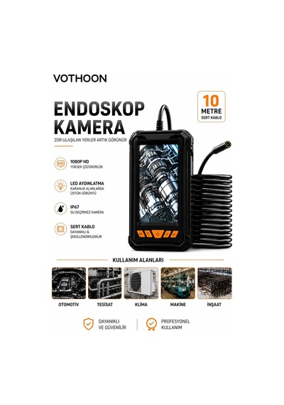 Ayrex 10 Metre Tek Kameralı Endoskop Kamera 1080p Hd Led Aydınlatmalı Sert Kablolu Yeni
