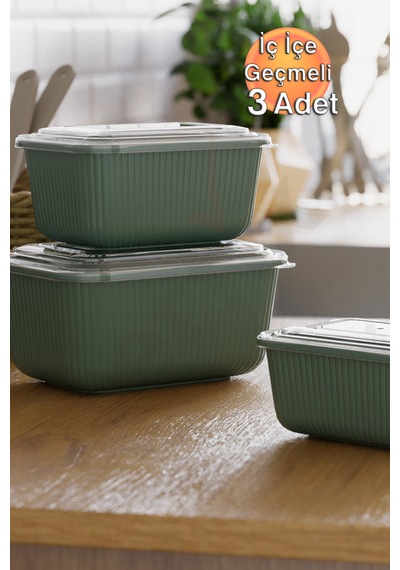 İç İçe Geçmeli Snaplid Dikdörtgen Saklama Kabı 600 - 1100 - 1800 Ml Üçlü Set Bej