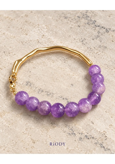 Riody Onde Violette Mor Yuvarlak Boncuklu Gold Renkli Dalgalı Metal Detaylı Zarif Kadın Bileklik Açık Mor