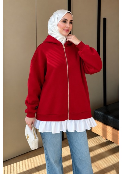 Balenbi Kadın 3 İplik İçi Polarlı Kapüşonlu Fırfır Detaylı Tesettür Basic Sweat Hırka 394 Kırmızı Balenbi Kadın 3 İplik İçi Polarlı Kapüşonlu Fırfır Detaylı Tesettür Basic Sweat Hırka 394 Kırmızı