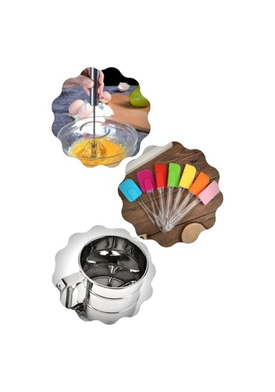 Tr Çelik Un Eleği + Basmalı Otomatik Çırpıcı + Renkli Silikon Spatula Set Diğer