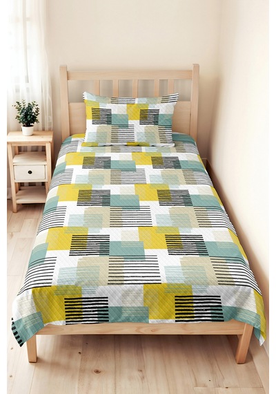 Geometrik Sarı Genç Odası Tek Kişilik Pike Takımı - Mint Çizgili 160x220 Cm Kapitone Yatak Örtüsü Ilık Amber Işıltısı