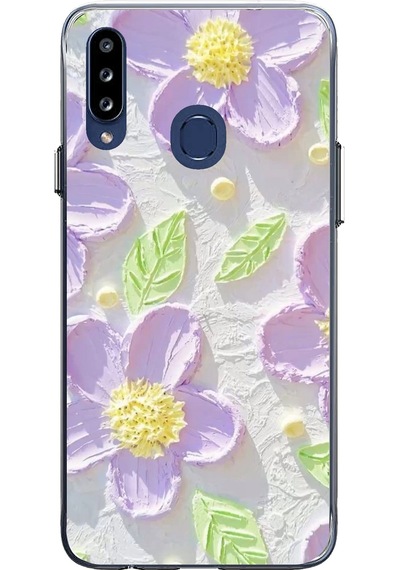 Samsung Galaxy A20s Uyumlu Mor Papatyalar Sulu Boya Baskılı Silikon Kılıf Renkli