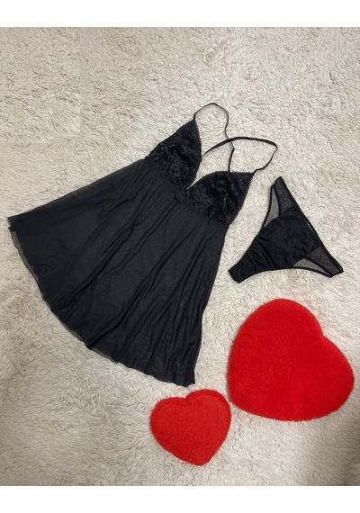 Siyah Dantel Detaylı Tül Babydoll Takım