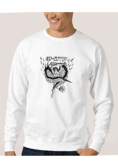 Led Zeppelin Icarus Baskılı Beyaz Erkek Örme Sweatshirt