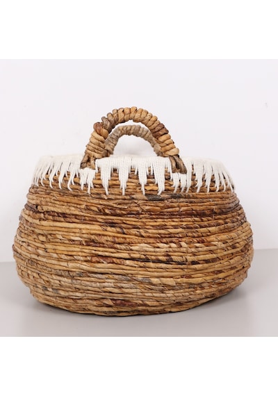Avanos Doğal Abaka El Yapımı Yuvarlak Kulplu Sepet 45x41x36 Cm Bej