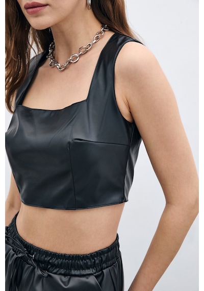 Sateen Kare Yaka Deri Crop - Siyah-135667 Siyah
