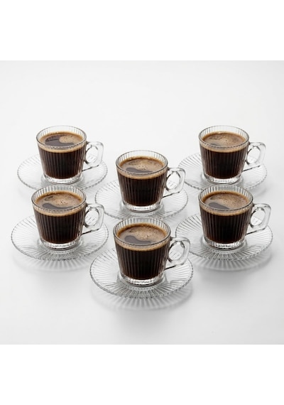 Tr 6'li Cam Kahve Fincanı Seti Çizgili Desenli Şeffaf Fincan Ve Tabak Takımı 8 Cm Espresso Türk Kahvesi Sunum Seti Genel