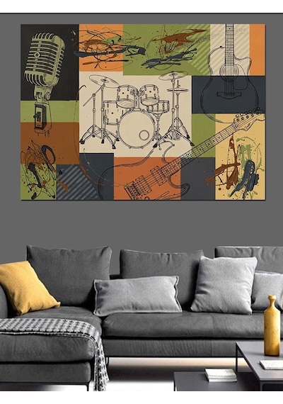Müzik Aletleri Patch Work Dekoratif Kanvas - Mdf Ahşap Tablo