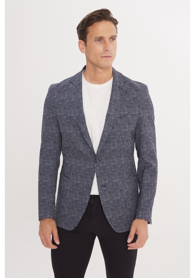 Ac&Co / Altınyıldız Classics Erkek Lacı Slim Fit Dar Kesim Mono Yaka Kazayağı Desenli Ceket Lacı Lacivert
