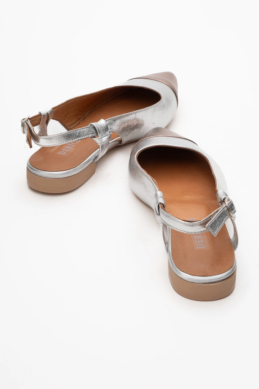 Dericlub Kadın Sivri Burun Açık Topuk Loafer Ayakkabı Gerçek Deri Fr 259713 Gümüş