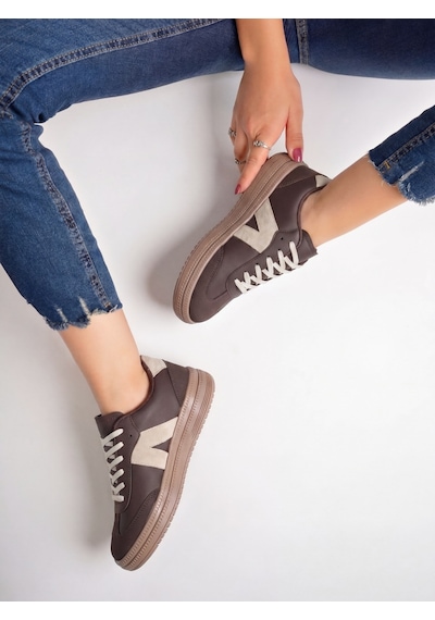 Kadın Sneaker Yüksek Taban Ortopedik Bağcıklı Spor Ayakkabı Retro Kahve-011 Beyaz