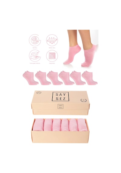 Saysez Bambu Kadın Patik Düz Pembe Renk Çorap Dikişsiz Premium Kutulu 6'lı Paket Renkli