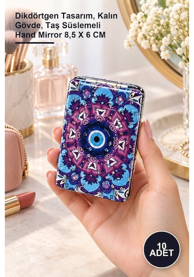 10 Adet Taşlı El Aynası Dikdörtgen Tasarım, Kalın Gövde, Taş Süslemeli Hand Mirror 8,5 X 6 Cm Altın