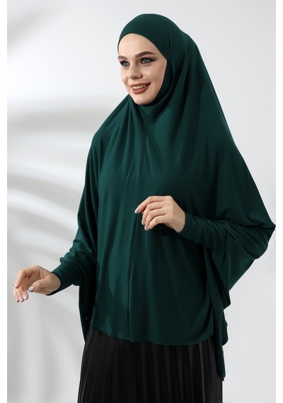 Zümrüt Yeşili Hazır Pratik Sultanbaş Tesettür Kollu Penye Sufle Eşarp Hijab