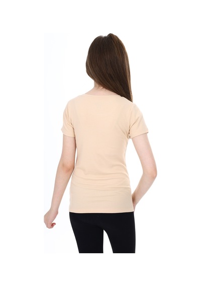 Toontoy Kids Toontoy Kız Çocuk Bisiklet Yaka Kısa Kollu Fitilli Tişört Bej