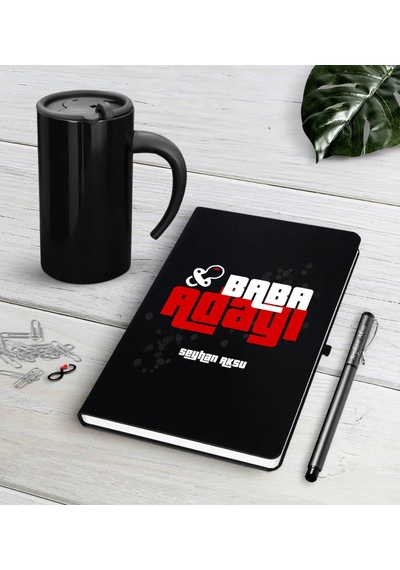 Kişiye Özel Baba Adayı Siyah Defter Kalem Termos Mug Seti-3 Siyah