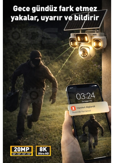 20mp 4 Kamera 360 Görüş 4g Güneş Enerjili Sim Kartlı Güvenlik Kamerası - Kişi Takibi - 128gb Sd Kart